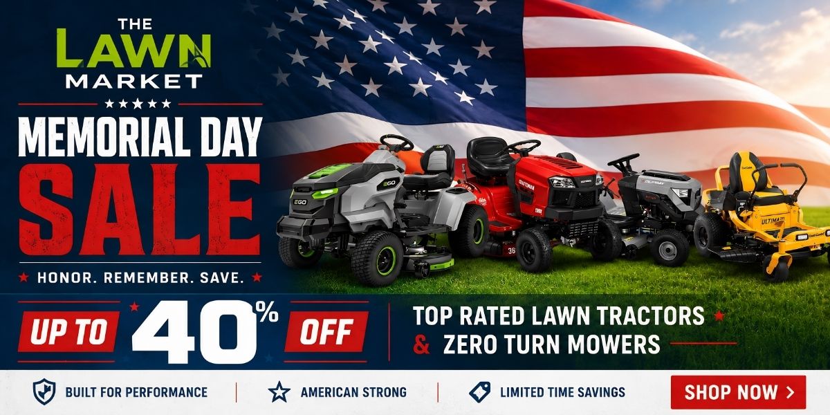 Promotional banner for The Lawn Market Memorial Day Sale featuring lawn tractors and a U.S. flag.
