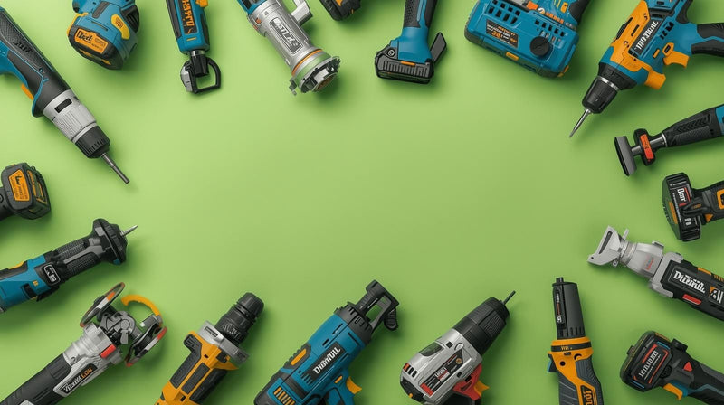 Various power tools arranged in a circular pattern on a green background