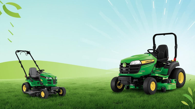 Two green lawn mowers on a grassy field with a clear blue sky.