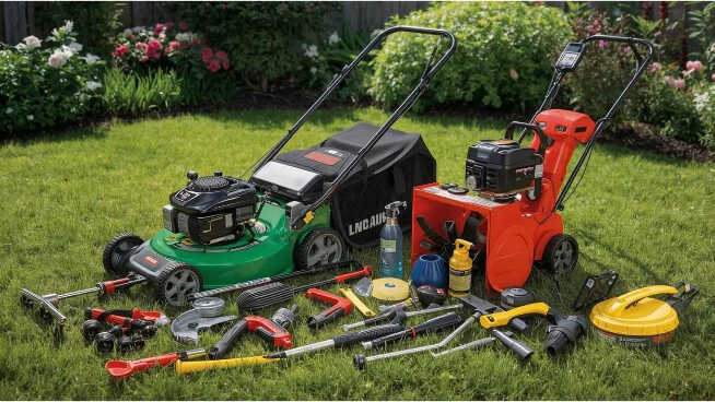 Gardening tools and equipment including a lawn mower on grass with flowers and plants in the background.