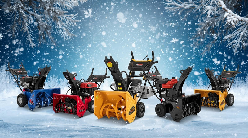 Collection of snow blowers in a snowy landscape with trees.