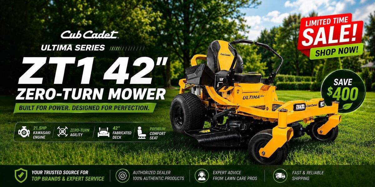 The Lawn Market promotional banner featuring a red lawn mower on green grass with messaging about premium equipment, expert advice, trusted quality service, nationwide shipping, and a “Shop Now” button.