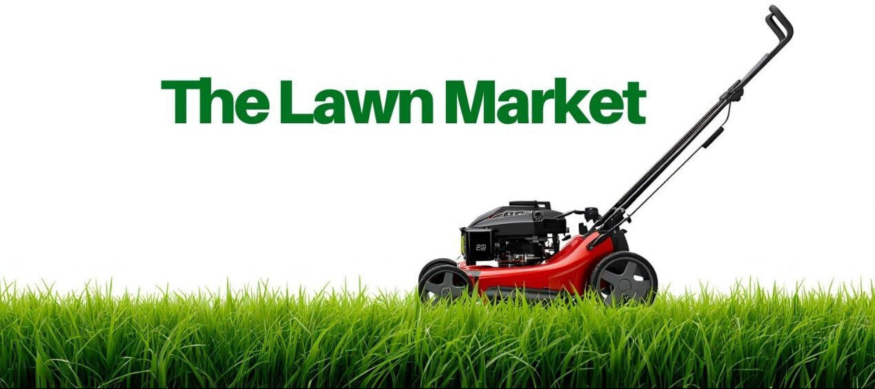 Lawn mower on grass with 'The Lawn Market' text
