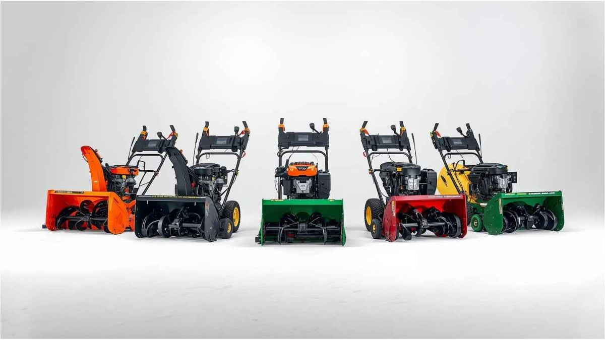 Five snow blowers in different colors on a white background