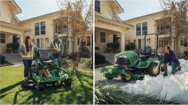 Two images showing people using lawn mowers in different settings: one on grass and one on snow.