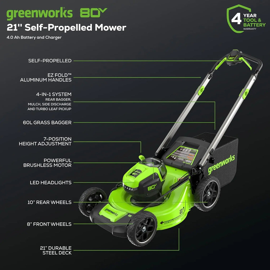 Greenworks 80V 21" Brushless Self-Propelled Lawn Mower w/ 4.0Ah Battery & Rapid Charger - The Lawn Market Store