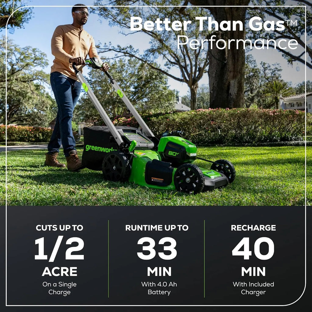 Greenworks 80V 21" Brushless Self-Propelled Lawn Mower w/ 4.0Ah Battery & Rapid Charger - The Lawn Market Store