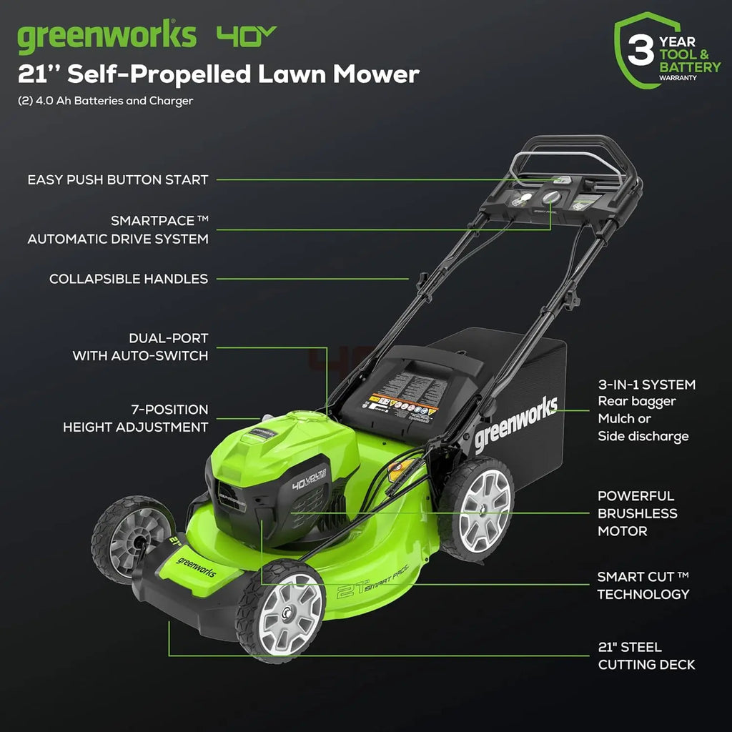Greenworks 40V 21" Self-Propelled Cordless Mower w/ Dual 4.0Ah Batteries - The Lawn Market Store