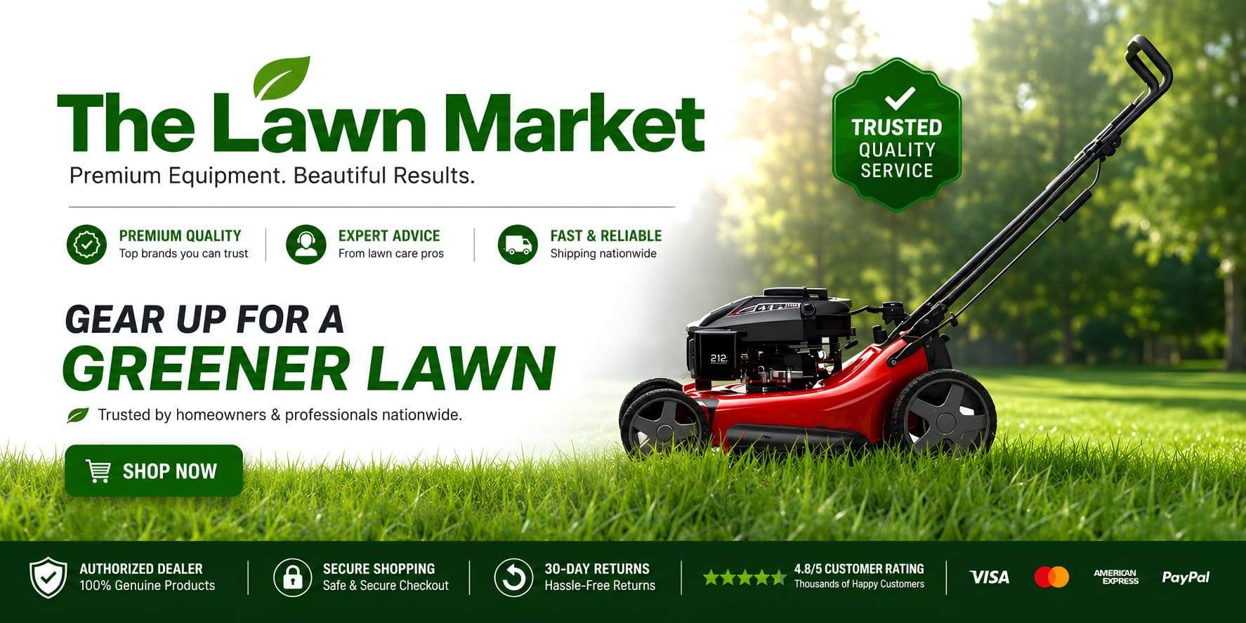 The Lawn Market lawn equipment banner featuring a red lawn mower, premium lawn care products, expert advice, secure shopping, nationwide shipping, and trusted customer service.